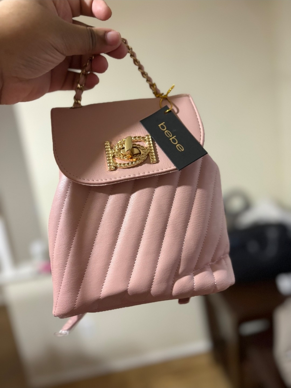 bebe Quilted Pink Mini Backpack with Gold Chain Handle